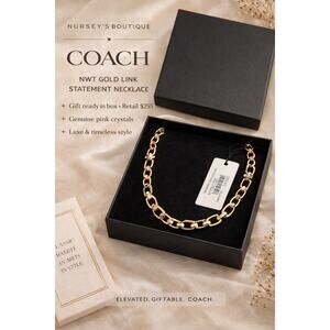 Coach Gold Link Necklace Pink Crystal Accent NWT Boxed Statement Chain